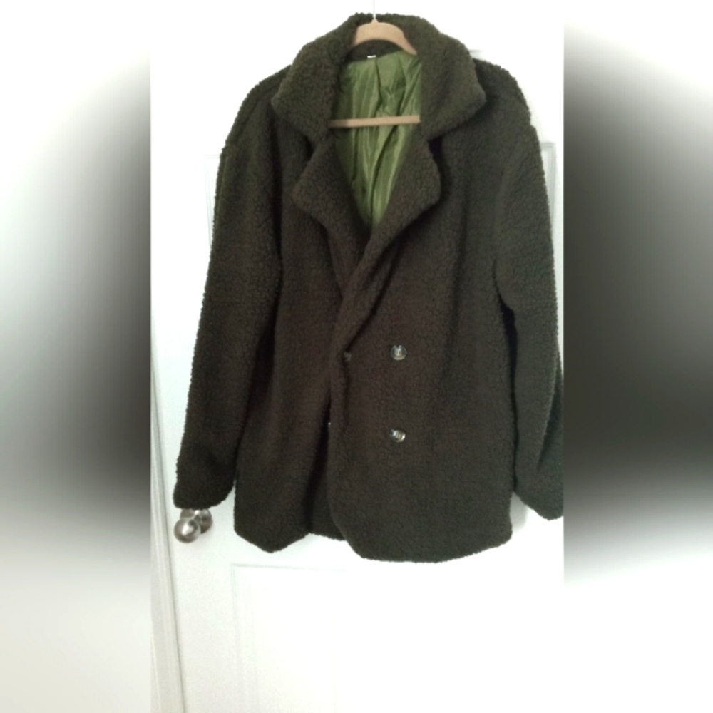 New Plus Sz Olive Green Sherpa Coat